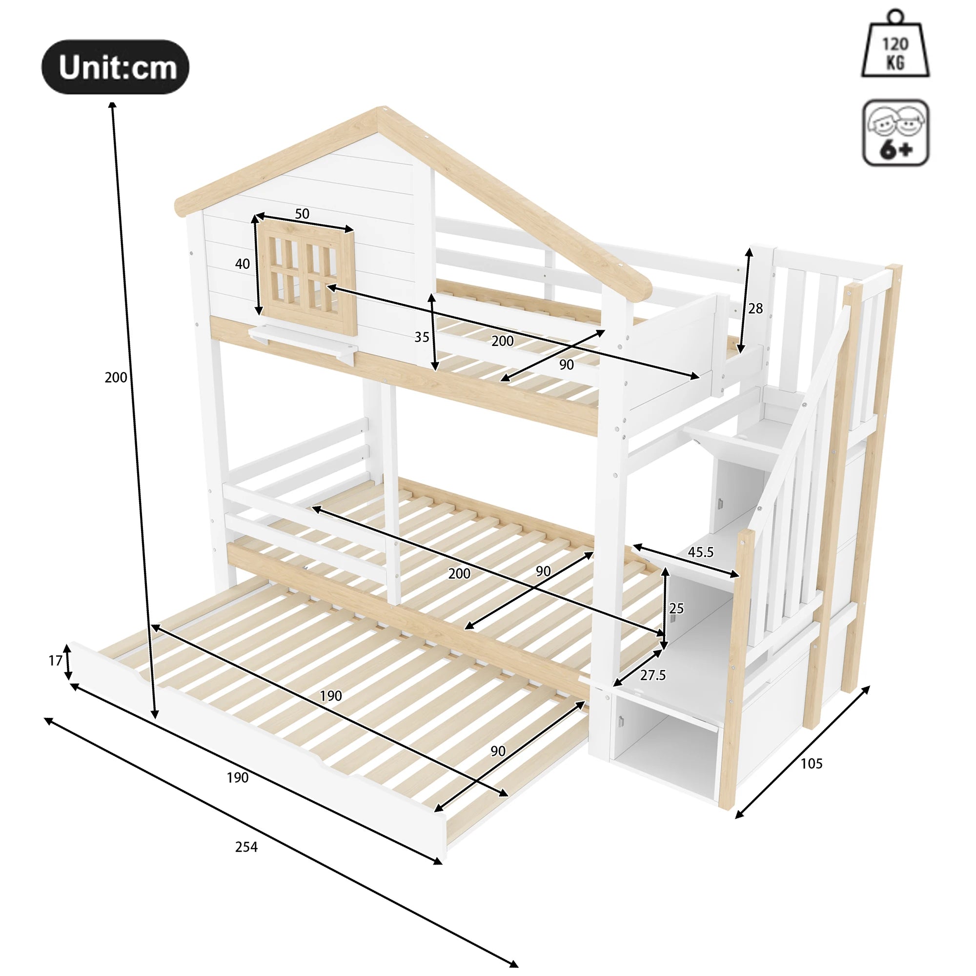 Lit cabane superposé 3 couchages 90x200 « Noa »