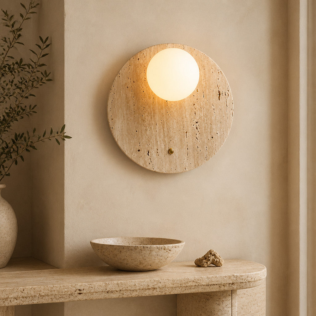 Applique murale en travertin avec globe en verre