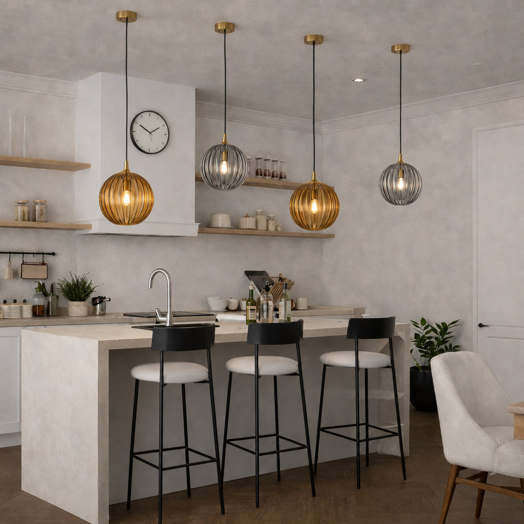 Suspension Luminaire Boule Verre Soufflé Strié – LED Intégrée