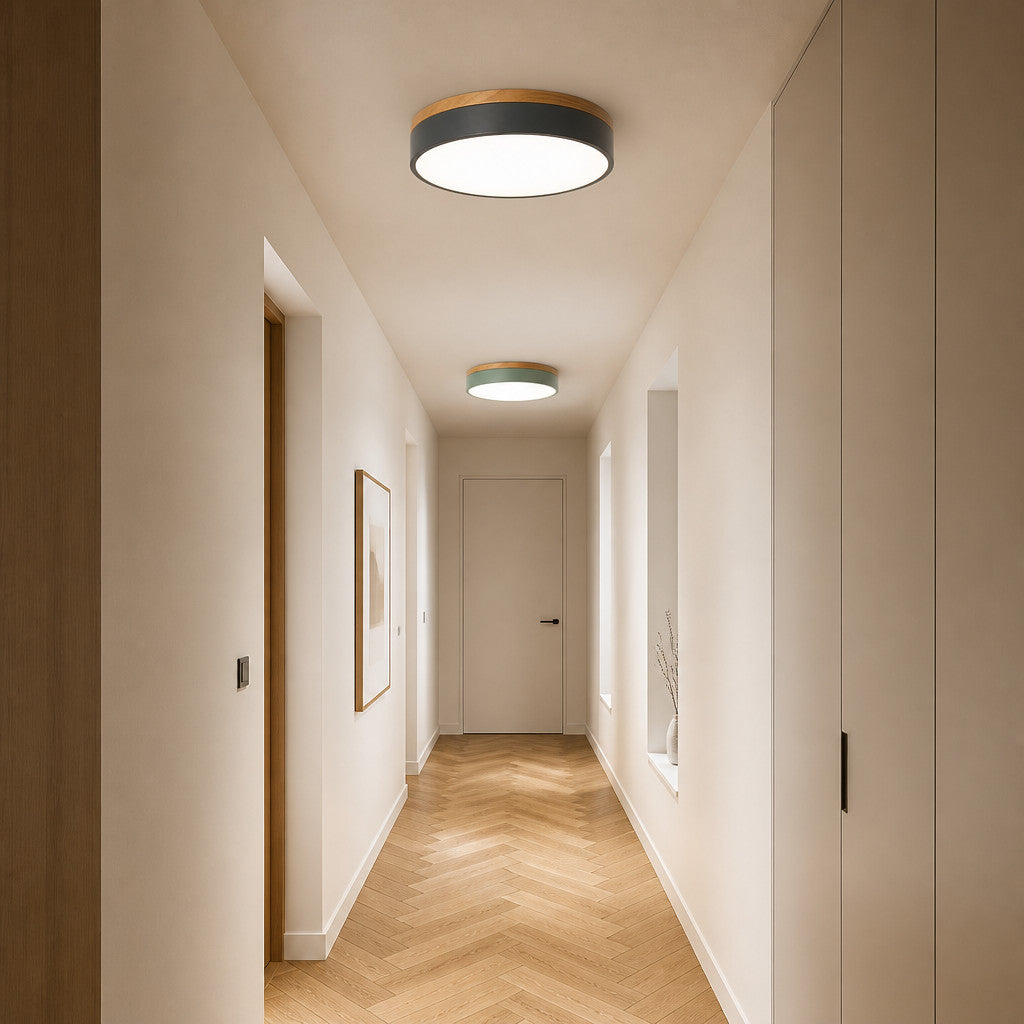 Plafonnier LED Rond Coloré Anneau Bois – Ø30/40/50cm