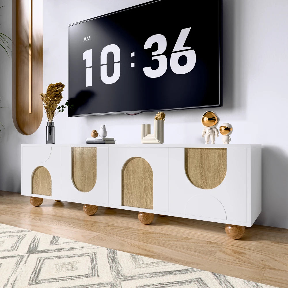 Meuble TV 175 cm Bois Clair & Blanc – Style Scandinave avec Niches – Design Moderne