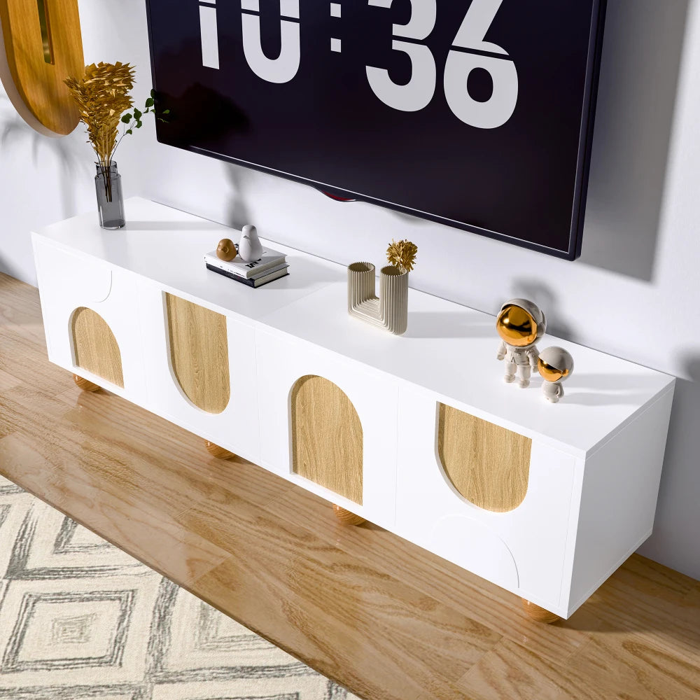 Meuble TV 175 cm Bois Clair & Blanc – Style Scandinave avec Niches – Design Moderne