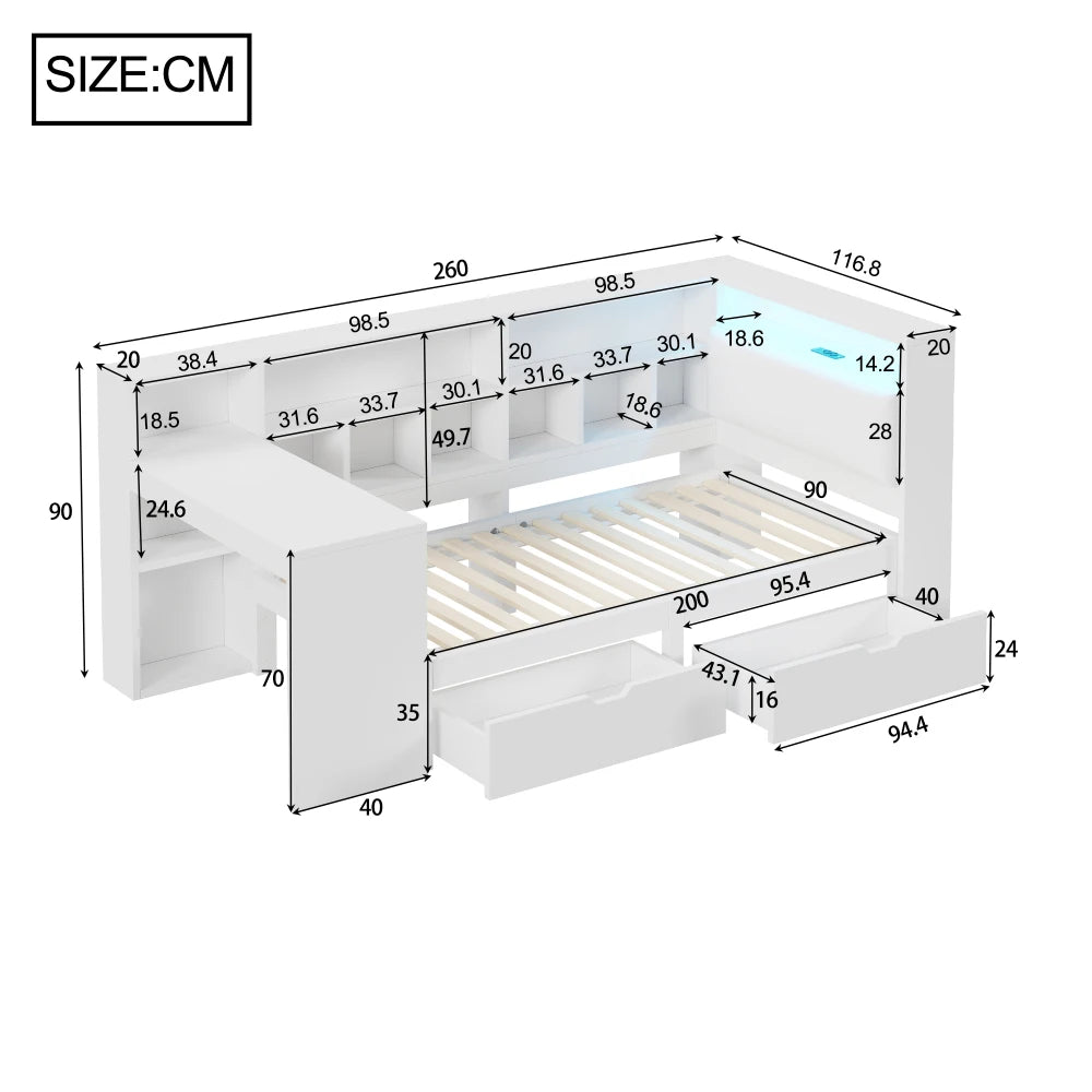 Lit enfant avec rangements et éclairage LED 90x200 « Luna »