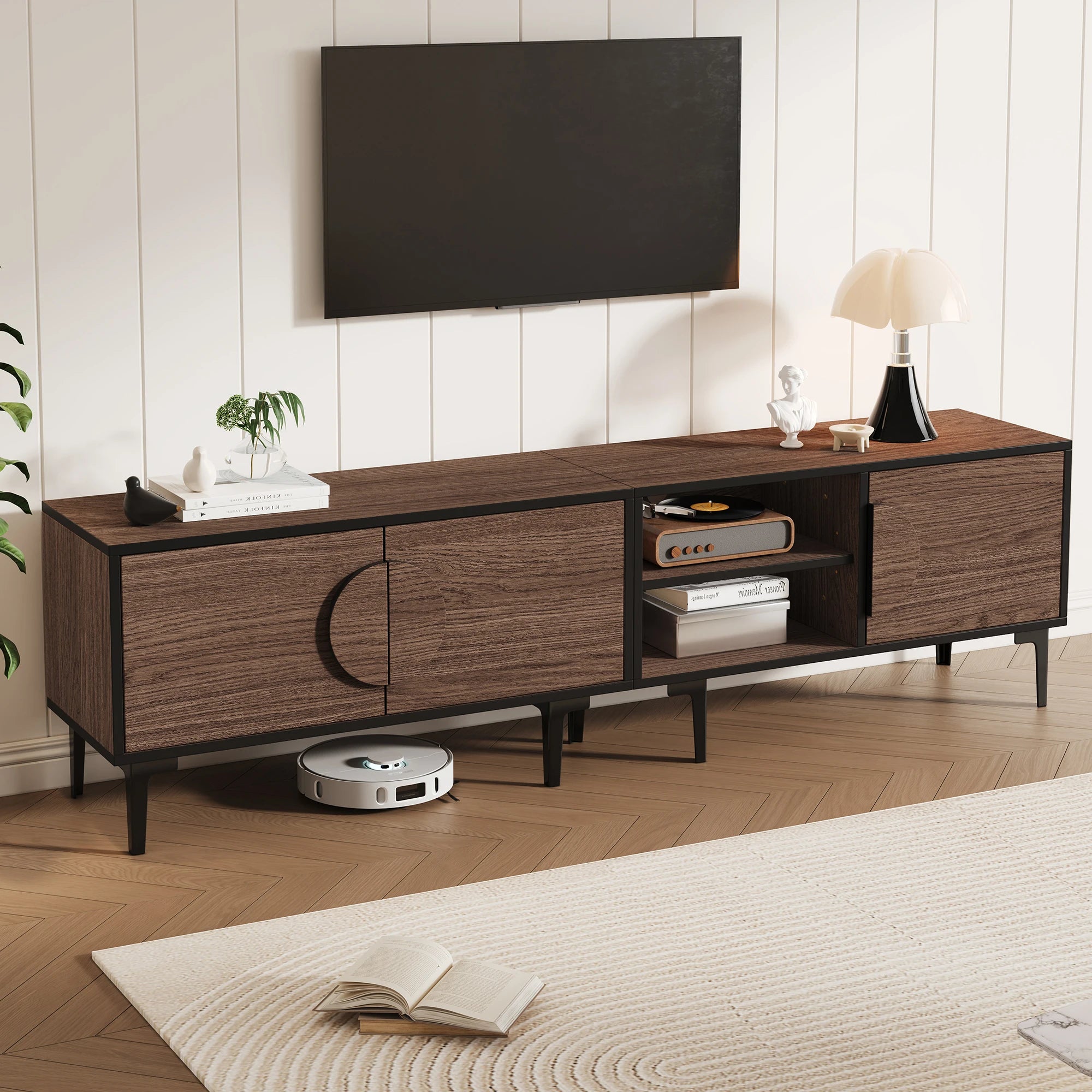 Meuble TV 180 cm Bois Foncé – Pieds Métal Noir Style Industriel