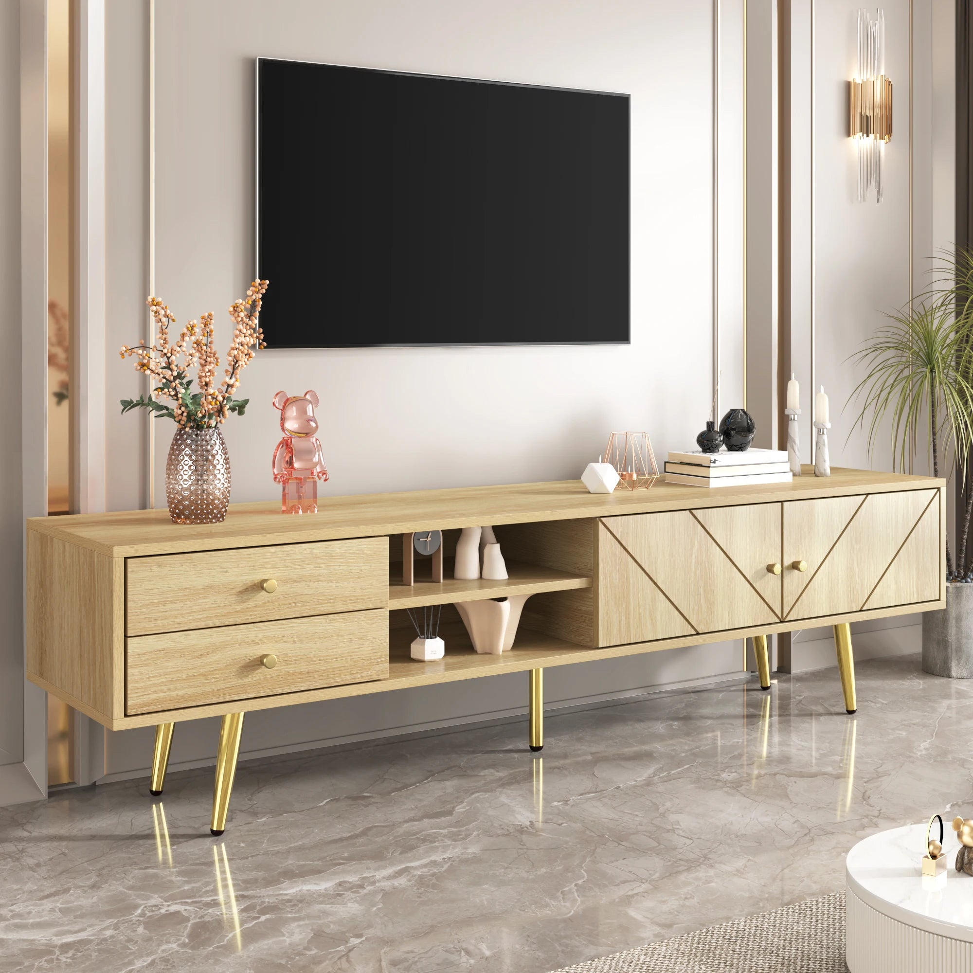 Meuble TV 160 cm Bois Clair – Pieds Métal Doré Style Moderne