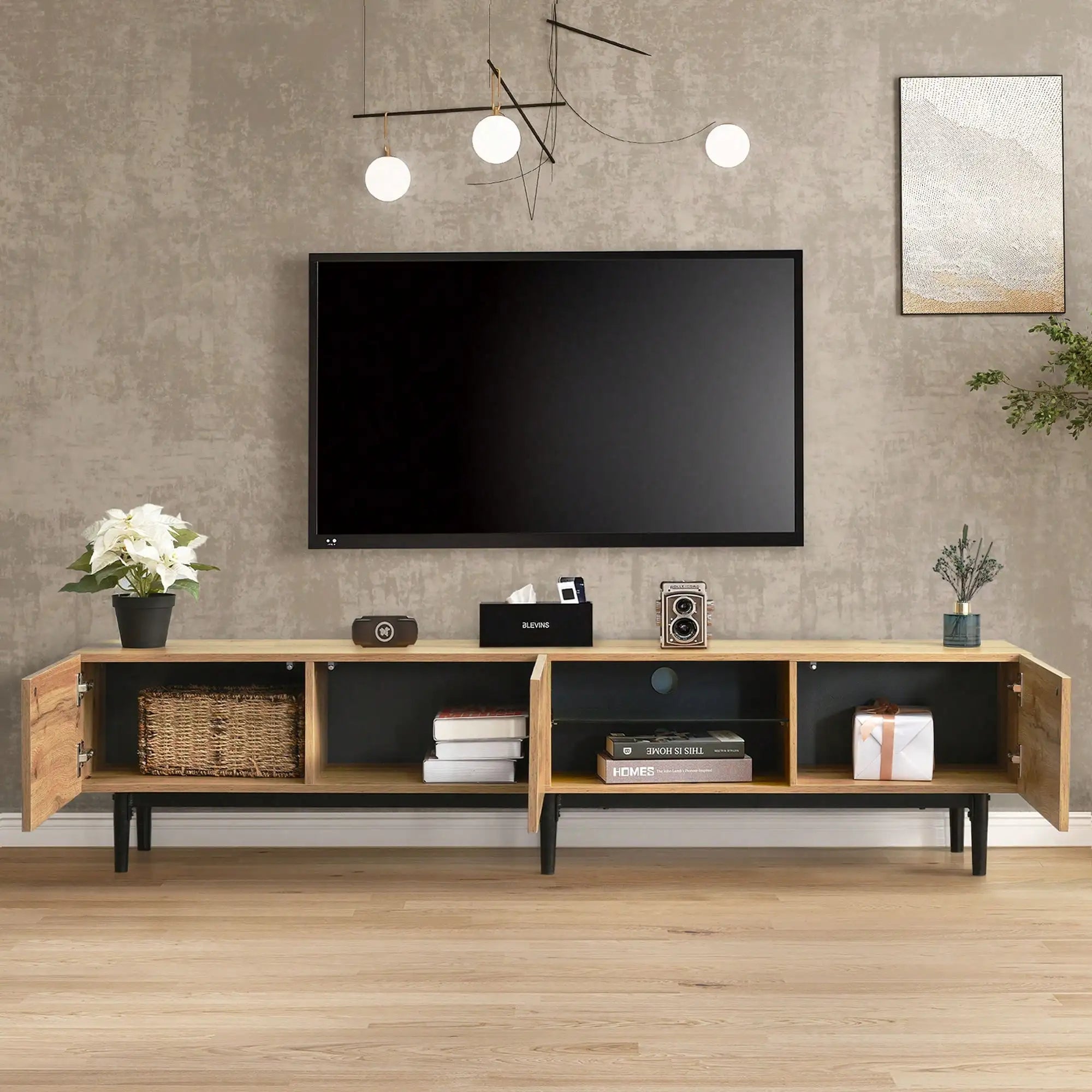 Meuble TV 175 cm Bois Naturel – Style Industriel avec Pieds Métal Noir