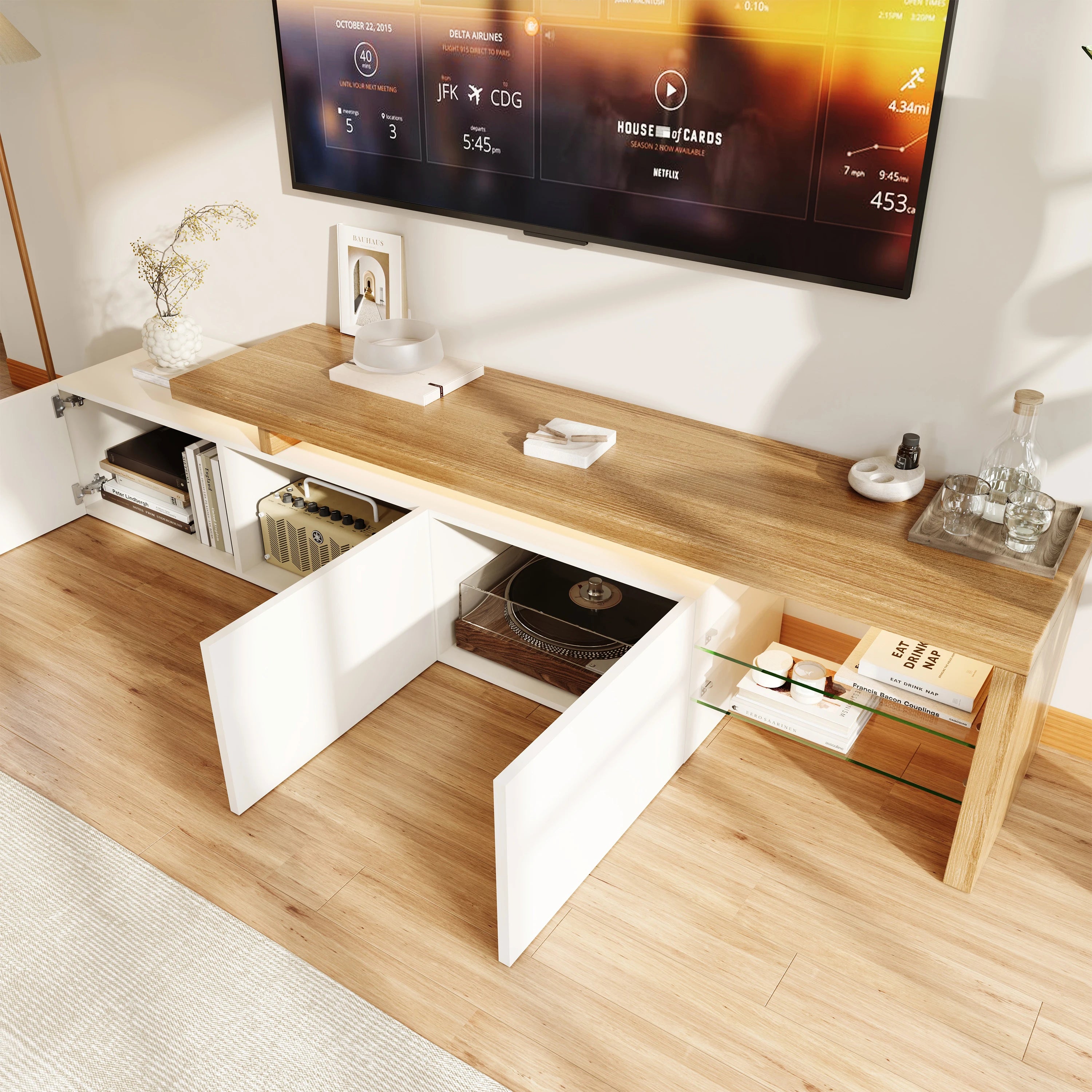Meuble TV 200 cm Blanc et Bois Clair – Style Scandinave avec Rangements