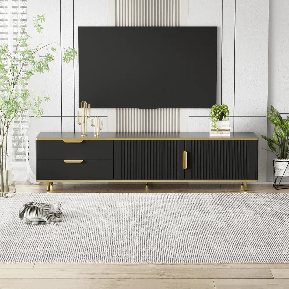 Meuble TV Noir Mat 175 cm – Pieds Métal Doré – Style Contemporain