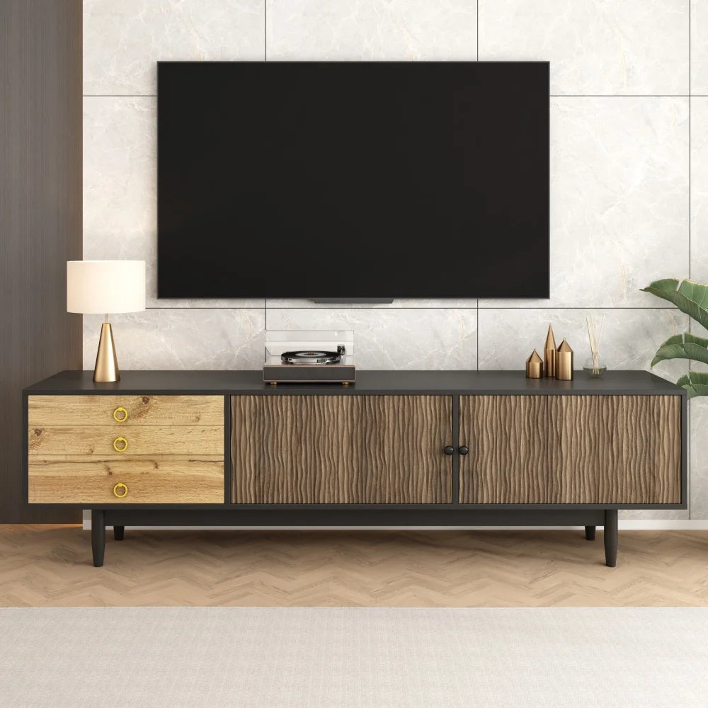 Meuble TV SIENA – 180 cm – Bois Naturel & Noir – Façade Texturée