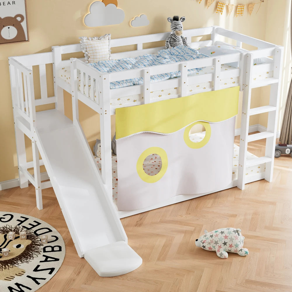 Lit mezzanine enfant avec toboggan « Atlas » – Blanc & bois