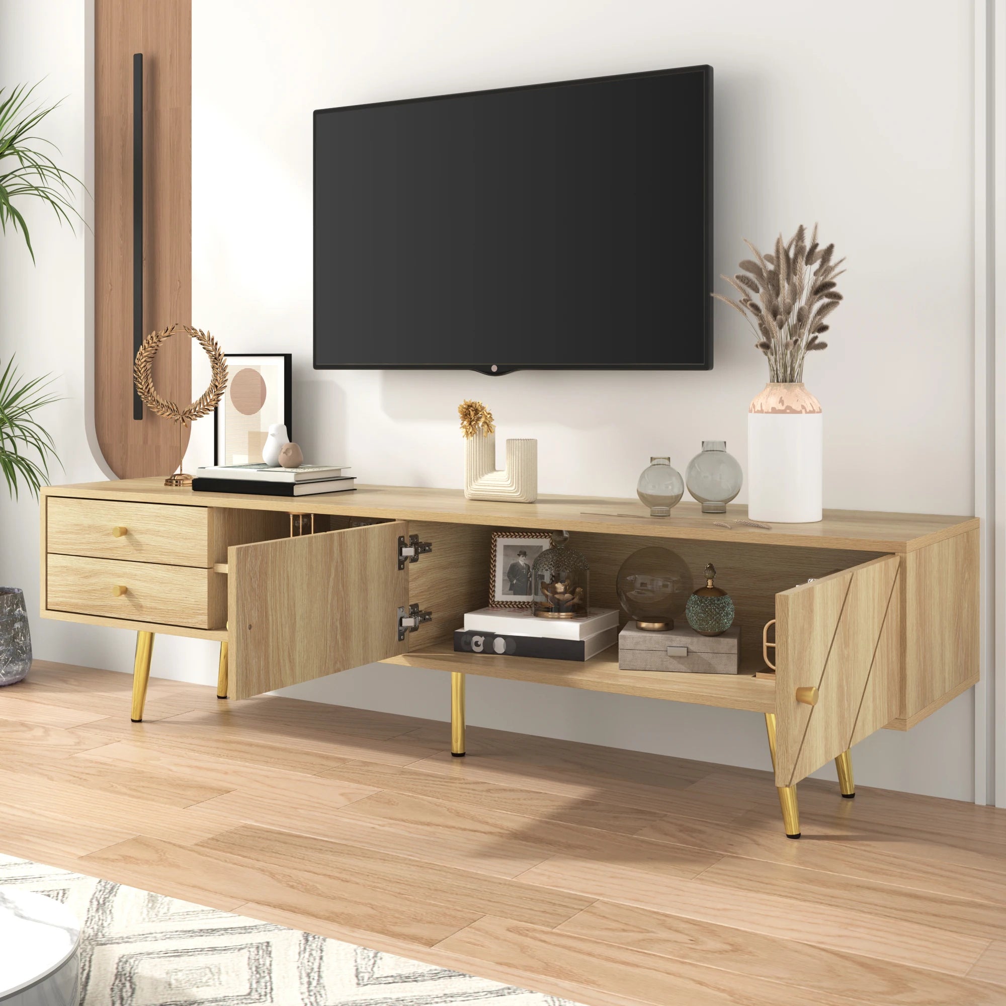 Meuble TV 160 cm Bois Clair – Pieds Métal Doré Style Moderne