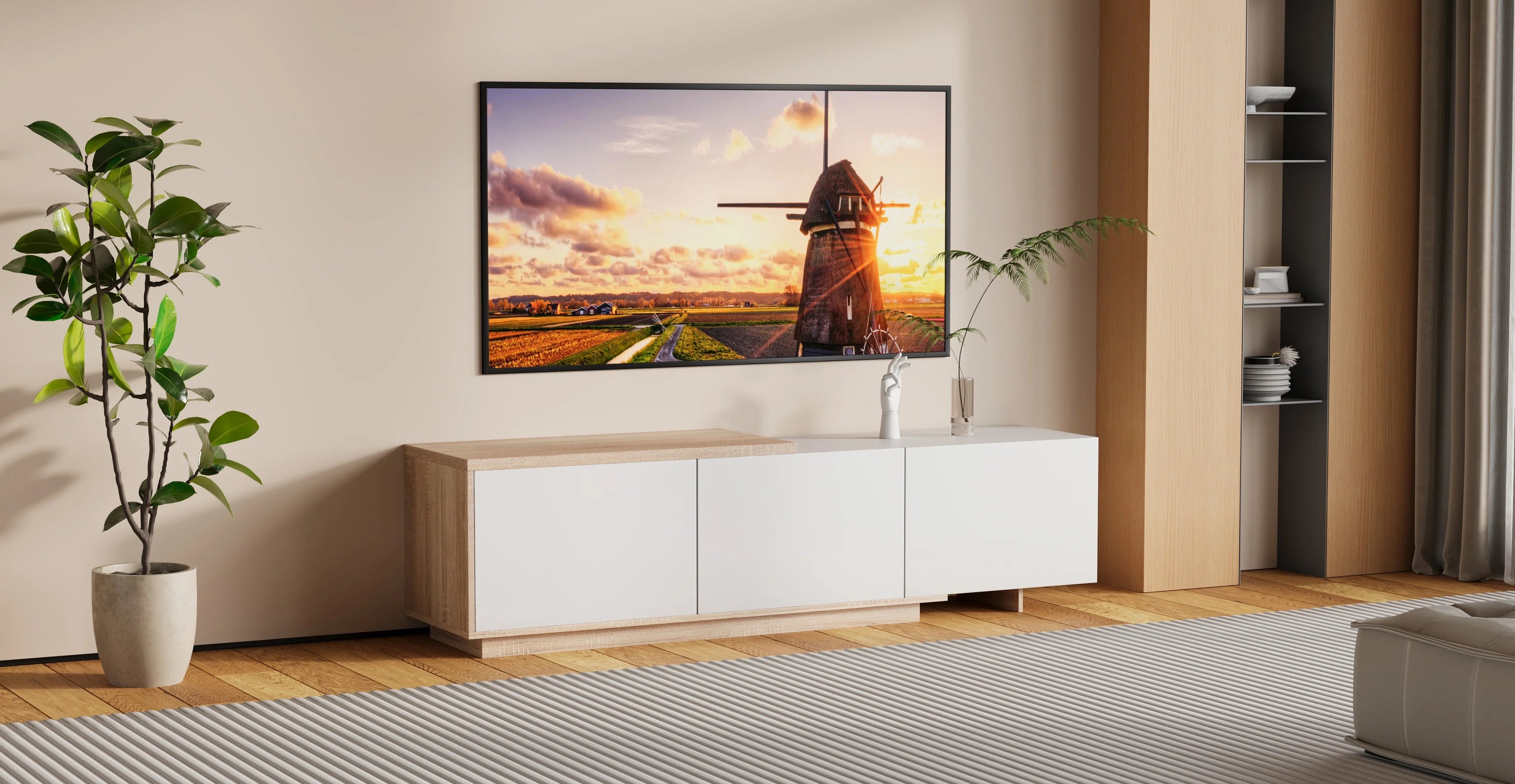 Meuble TV 180 cm Blanc et Bois Clair avec LED – Style Scandinave Moderne