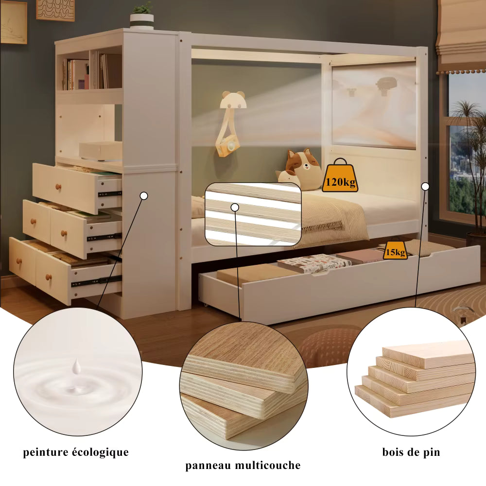 Lit mezzanine enfant avec rangements « Atlas » – Bois clair