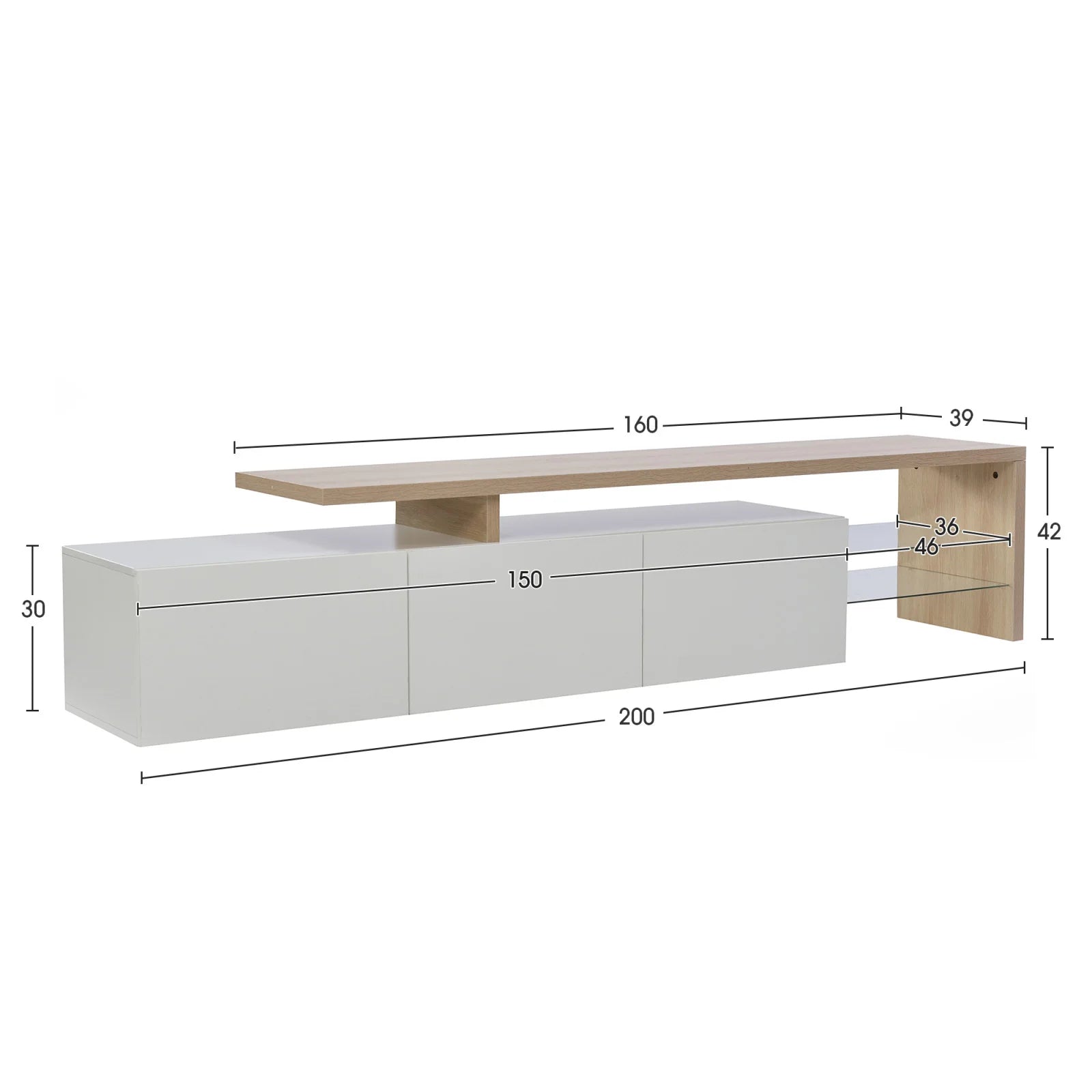 Meuble TV 200 cm Blanc et Bois Clair – Style Scandinave avec Rangements