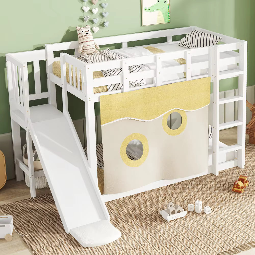Lit mezzanine enfant avec toboggan « Atlas » – Blanc & bois