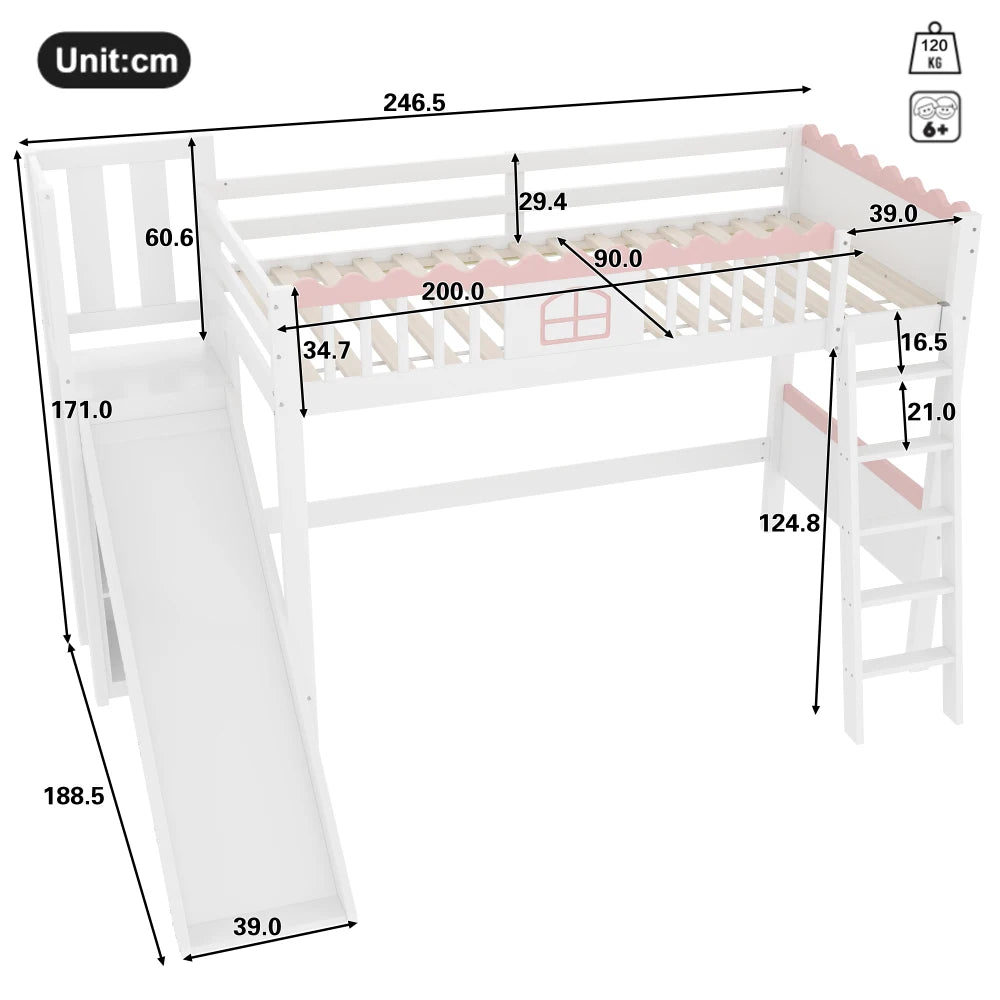 Lit mezzanine enfant avec toboggan 90x120 « Atlas »