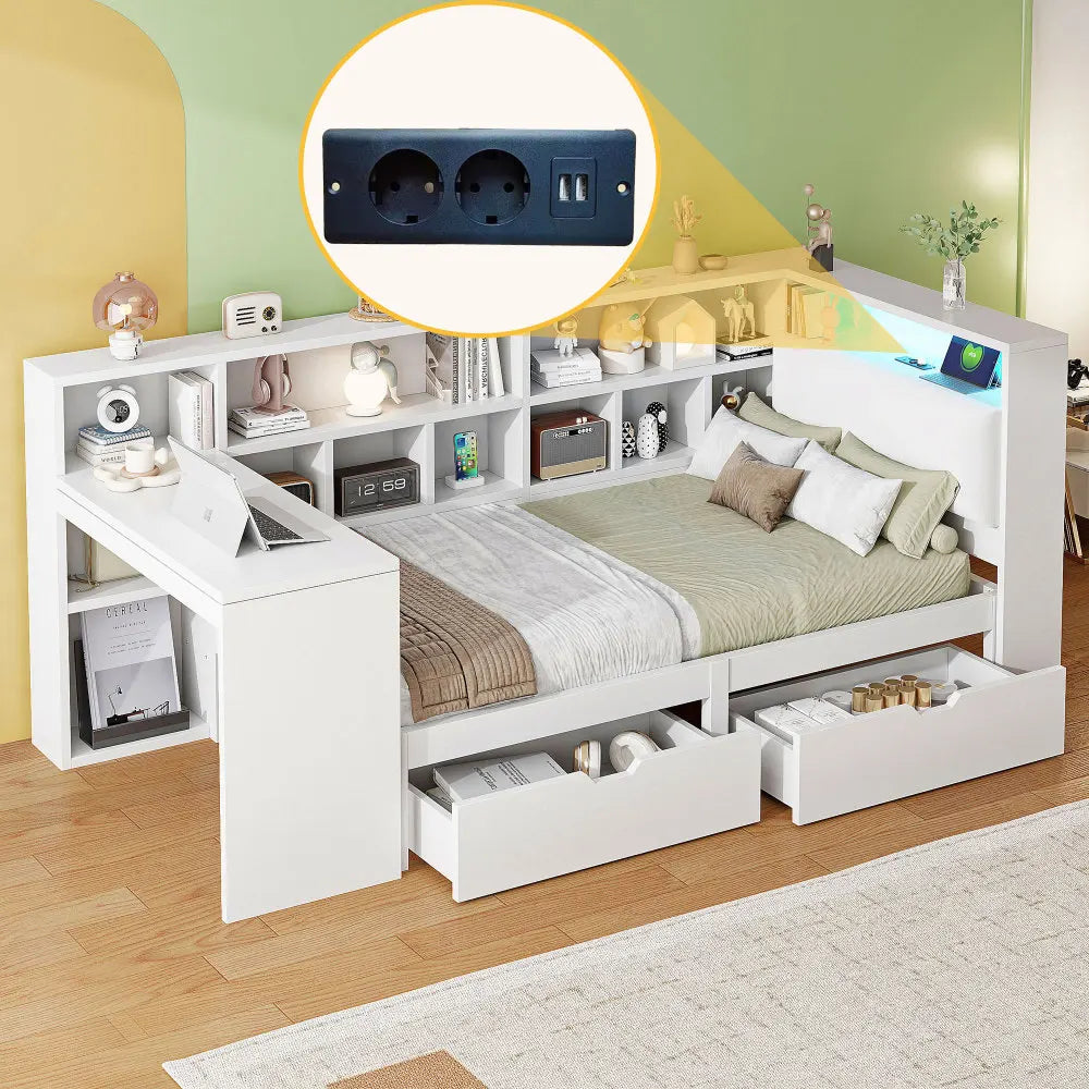 Lit enfant avec rangements et éclairage LED 90x200 « Luna »