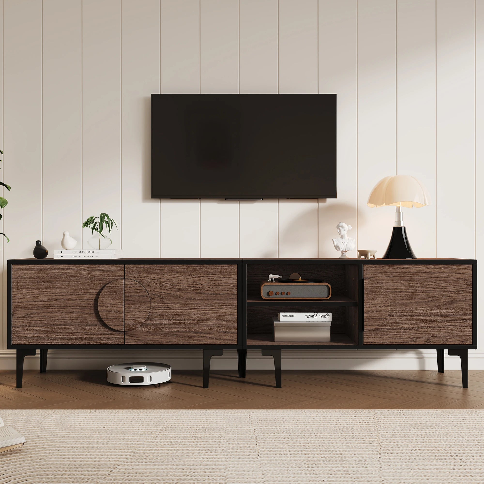 Meuble TV 180 cm Bois Foncé – Pieds Métal Noir Style Industriel