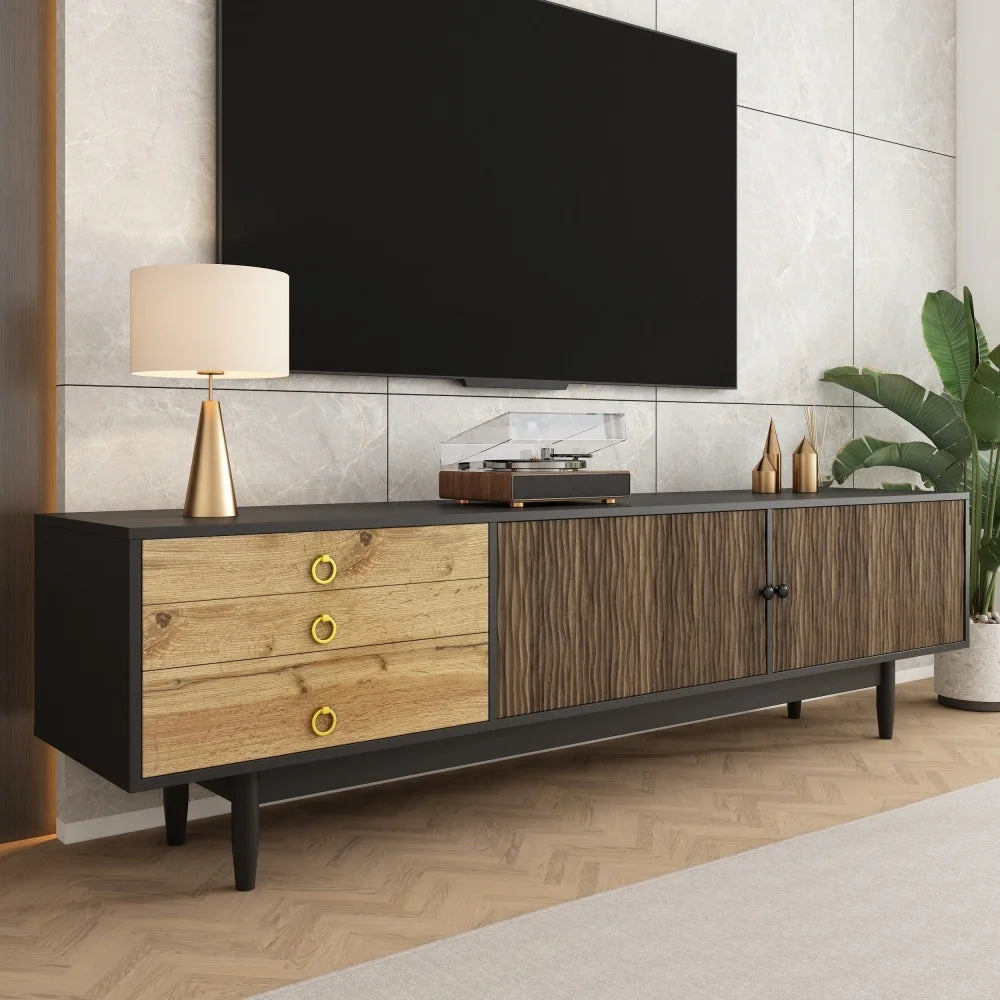 Meuble TV SIENA – 180 cm – Bois Naturel & Noir – Façade Texturée