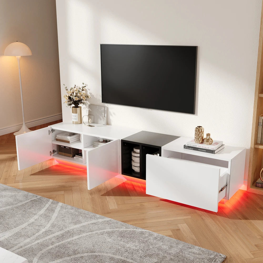 Meuble TV Suspendu 190 cm – LED intégrée – Blanc – Collection LUNA