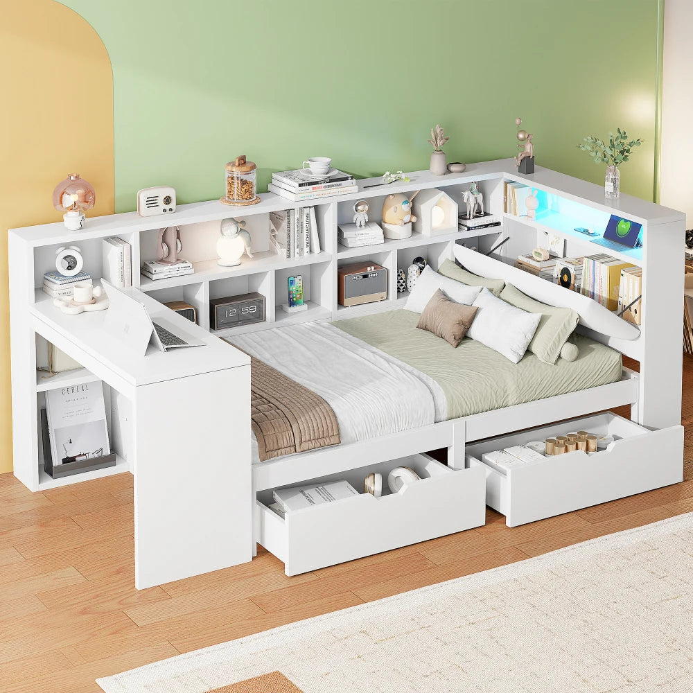 Lit enfant avec rangements et éclairage LED 90x200 « Luna »