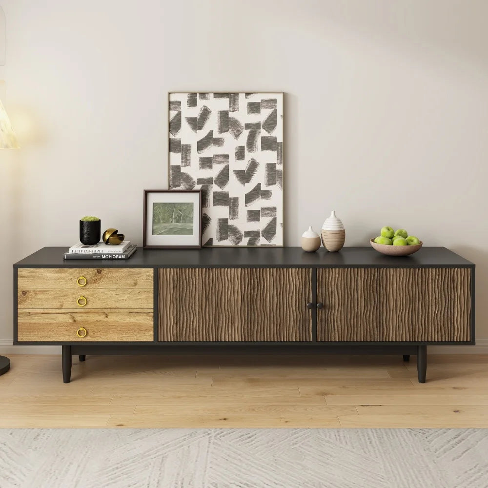 Meuble TV SIENA – 180 cm – Bois Naturel & Noir – Façade Texturée