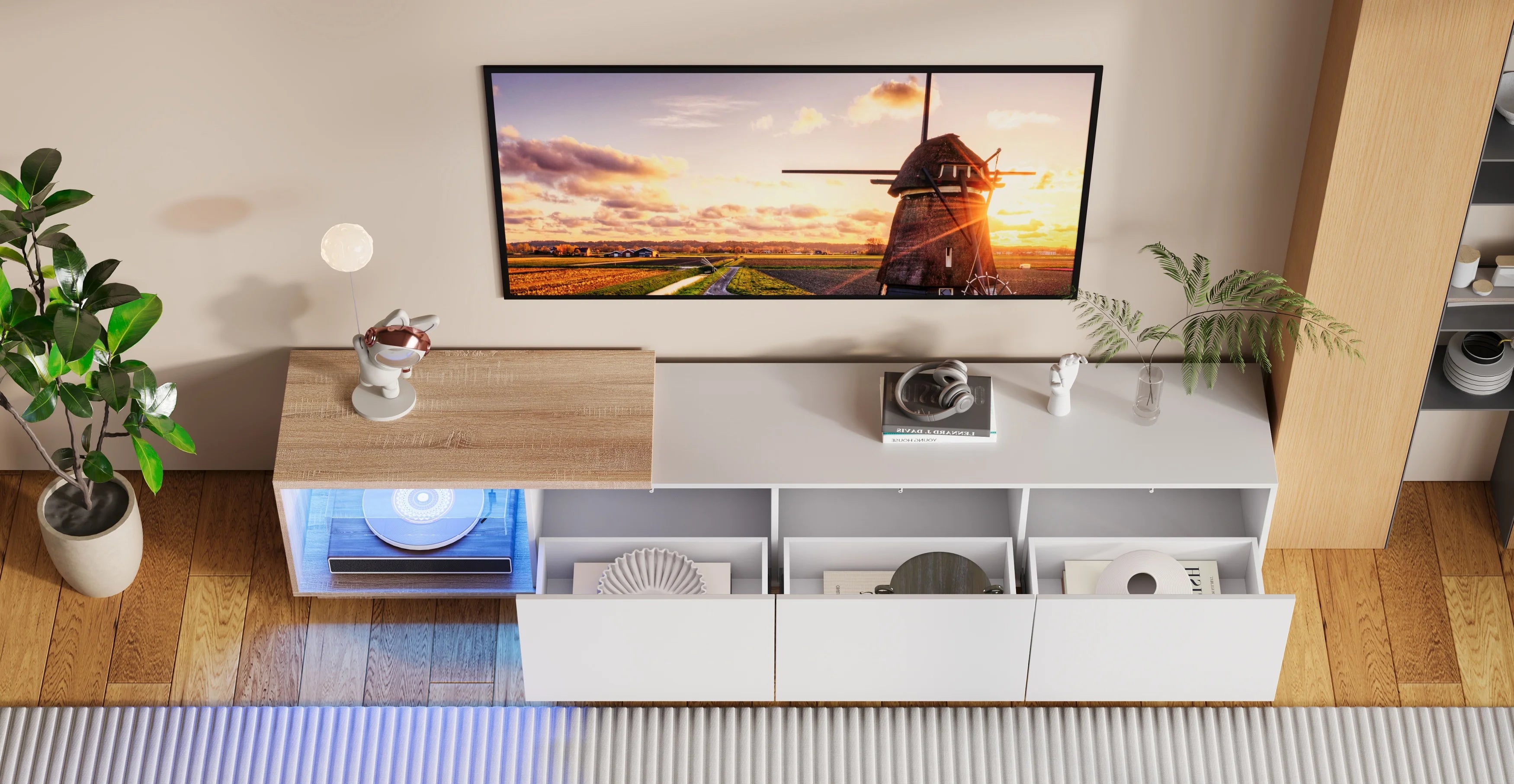 Meuble TV 180 cm Blanc et Bois Clair avec LED – Style Scandinave Moderne