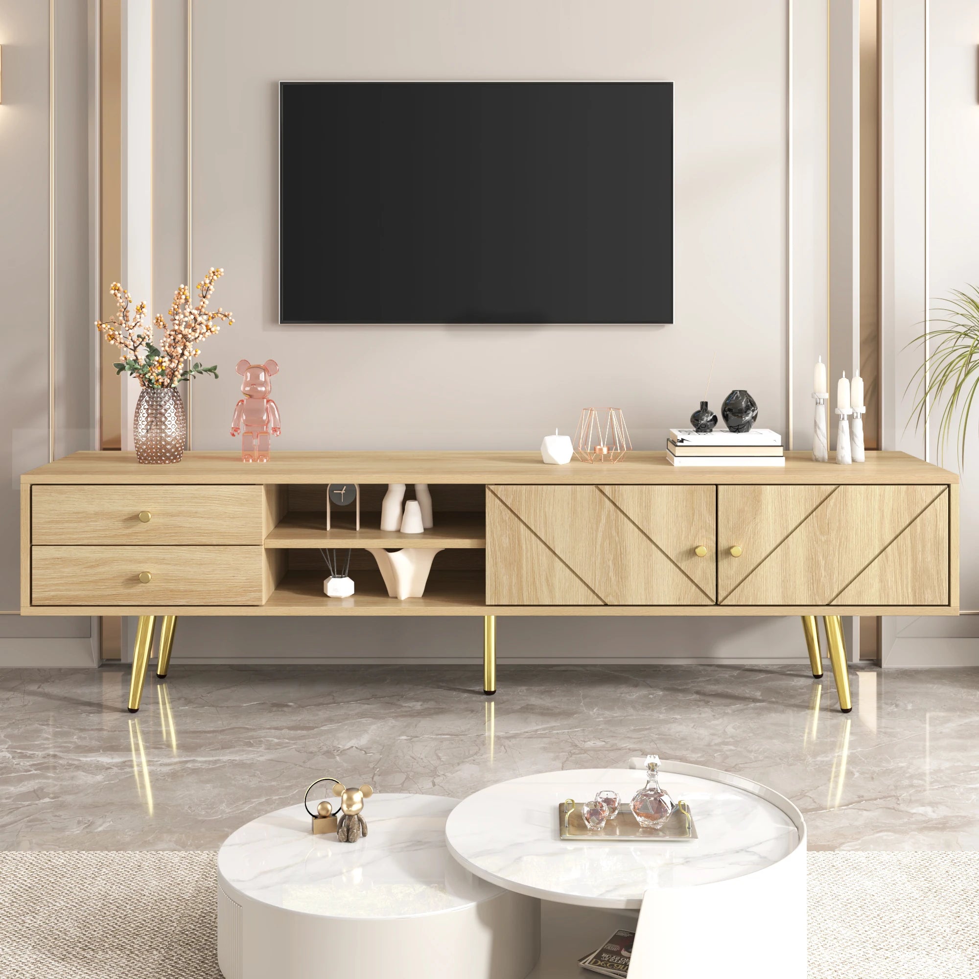 Meuble TV 160 cm Bois Clair – Pieds Métal Doré Style Moderne