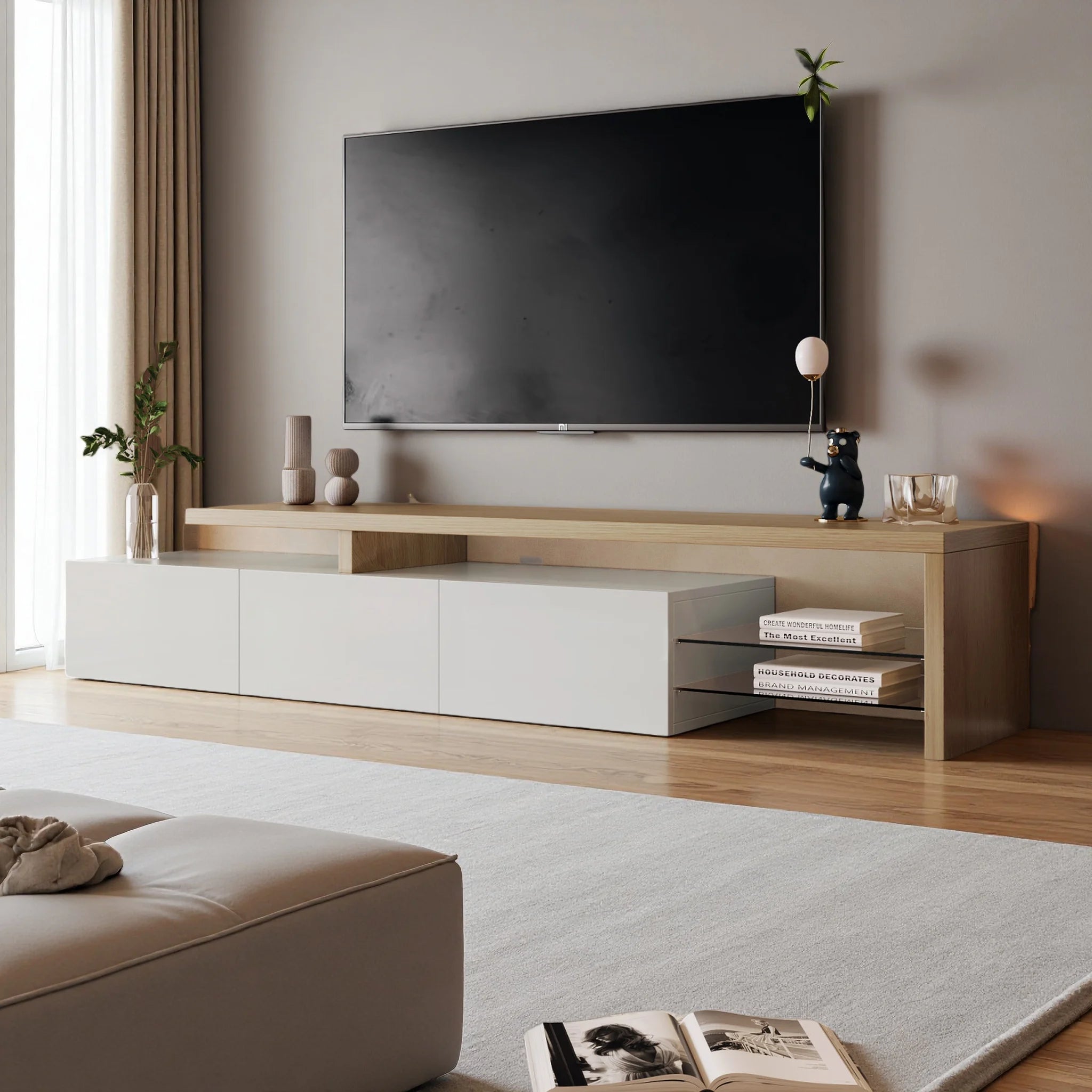 Meuble TV 200 cm Blanc et Bois Clair – Style Scandinave avec Rangements