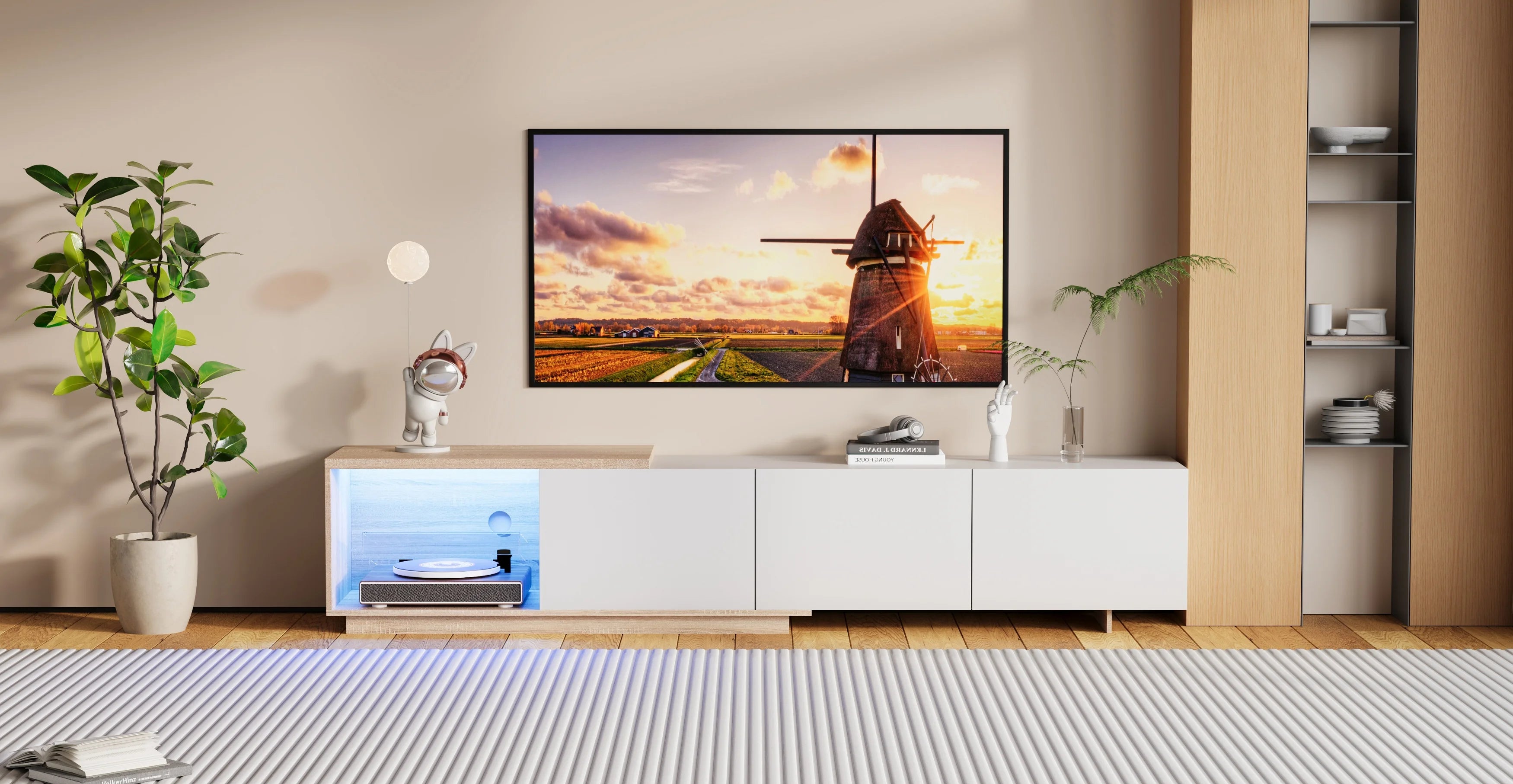 Meuble TV 180 cm Blanc et Bois Clair avec LED – Style Scandinave Moderne
