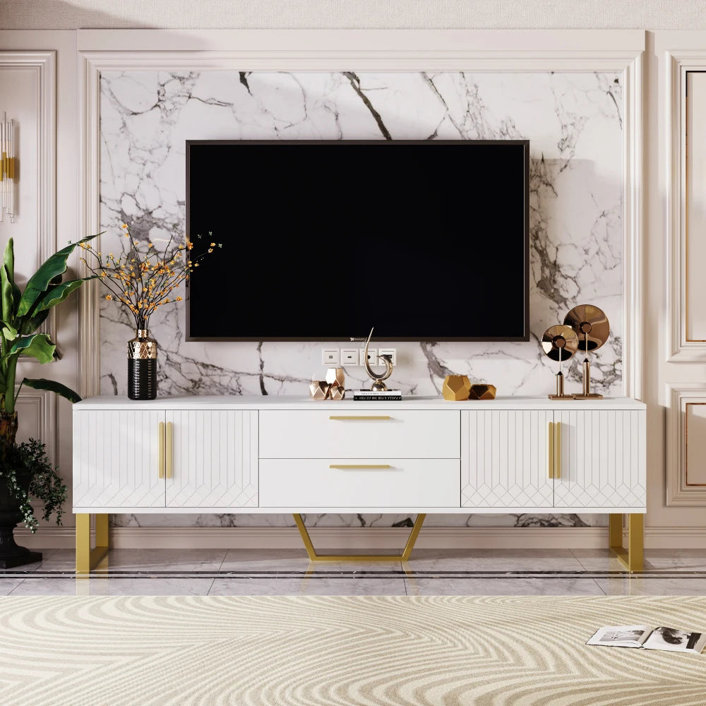 Meuble TV GOLDENIA – 170 cm – Blanc Laqué & Pieds Dorés – Design Élégant