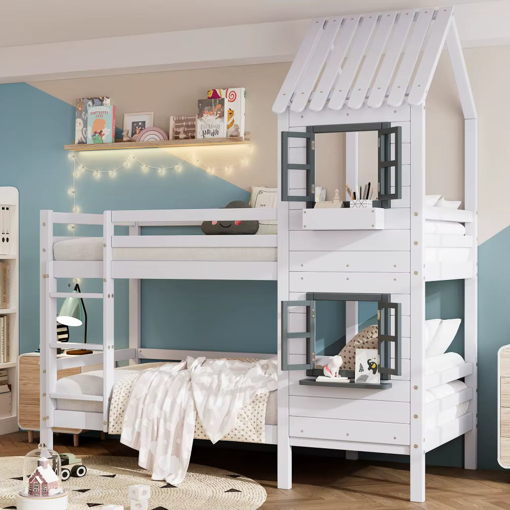 Lit cabane superposé enfant « Éden » – Blanc naturel