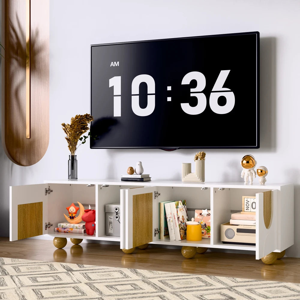 Meuble TV 175 cm Bois Clair & Blanc – Style Scandinave avec Niches – Design Moderne