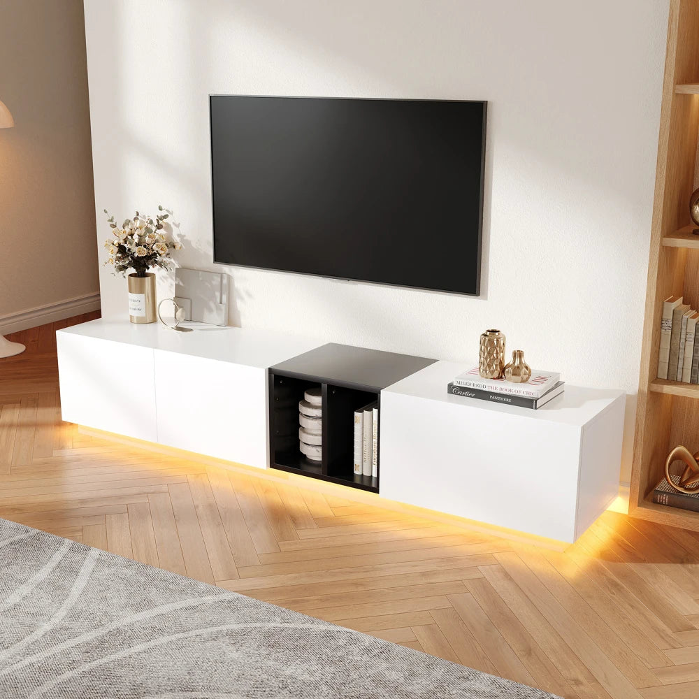 Meuble TV Suspendu 190 cm – LED intégrée – Blanc – Collection LUNA
