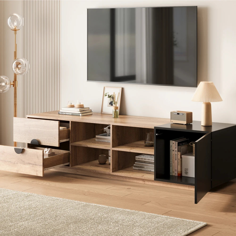 Meuble TV MILANO – 180 cm – Bois & Noir – Style Contemporain