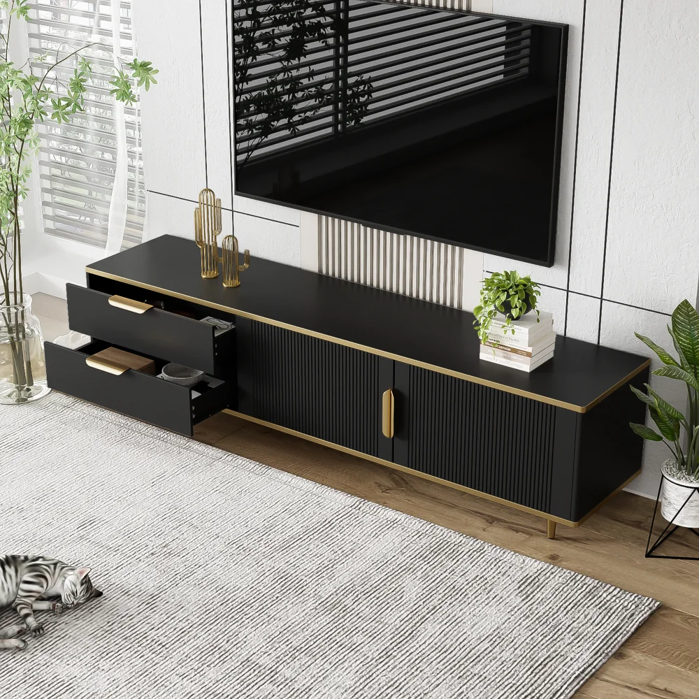 Meuble TV Noir Mat 175 cm – Pieds Métal Doré – Style Contemporain