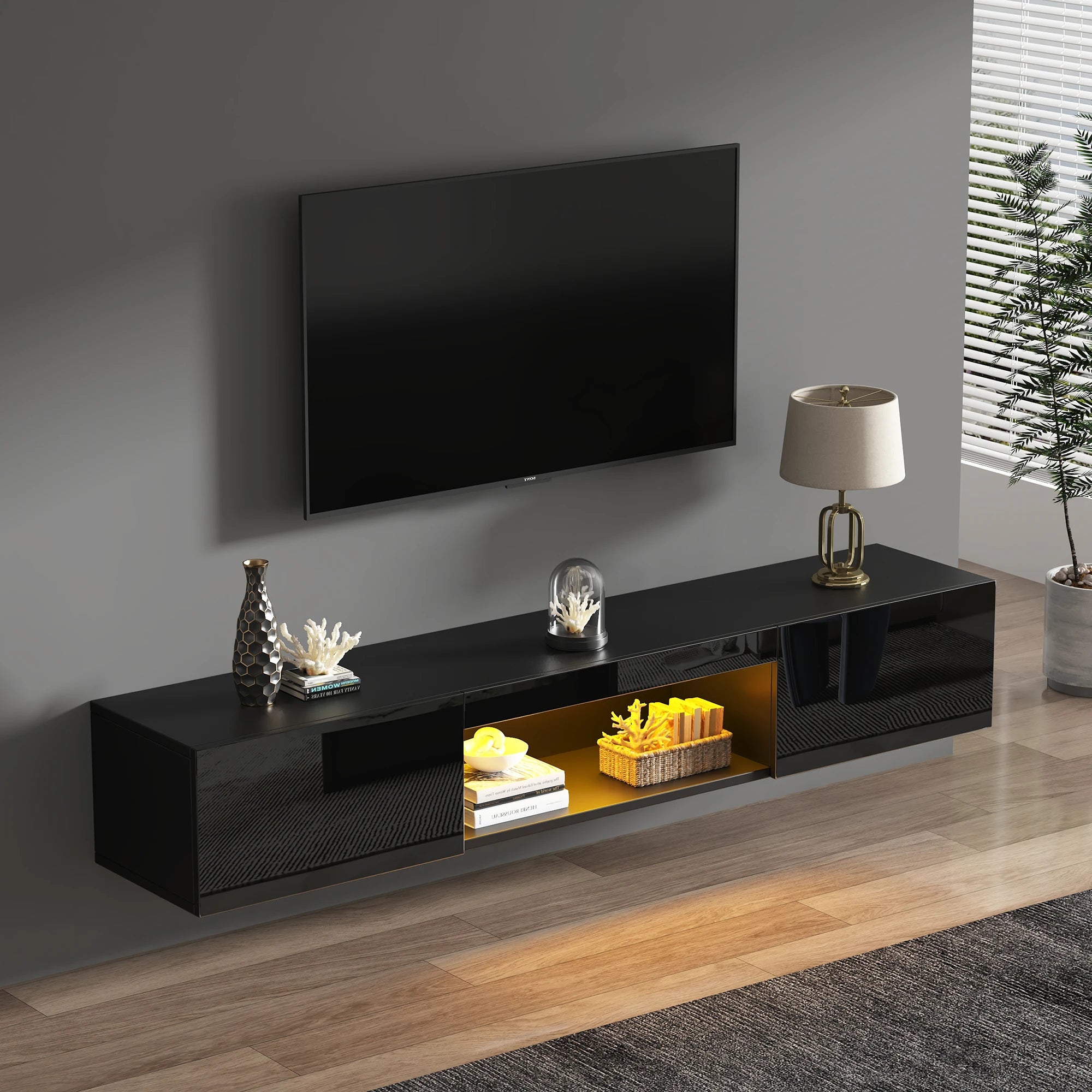 Meuble TV Bas 160 cm – LED Bluetooth – Noir
