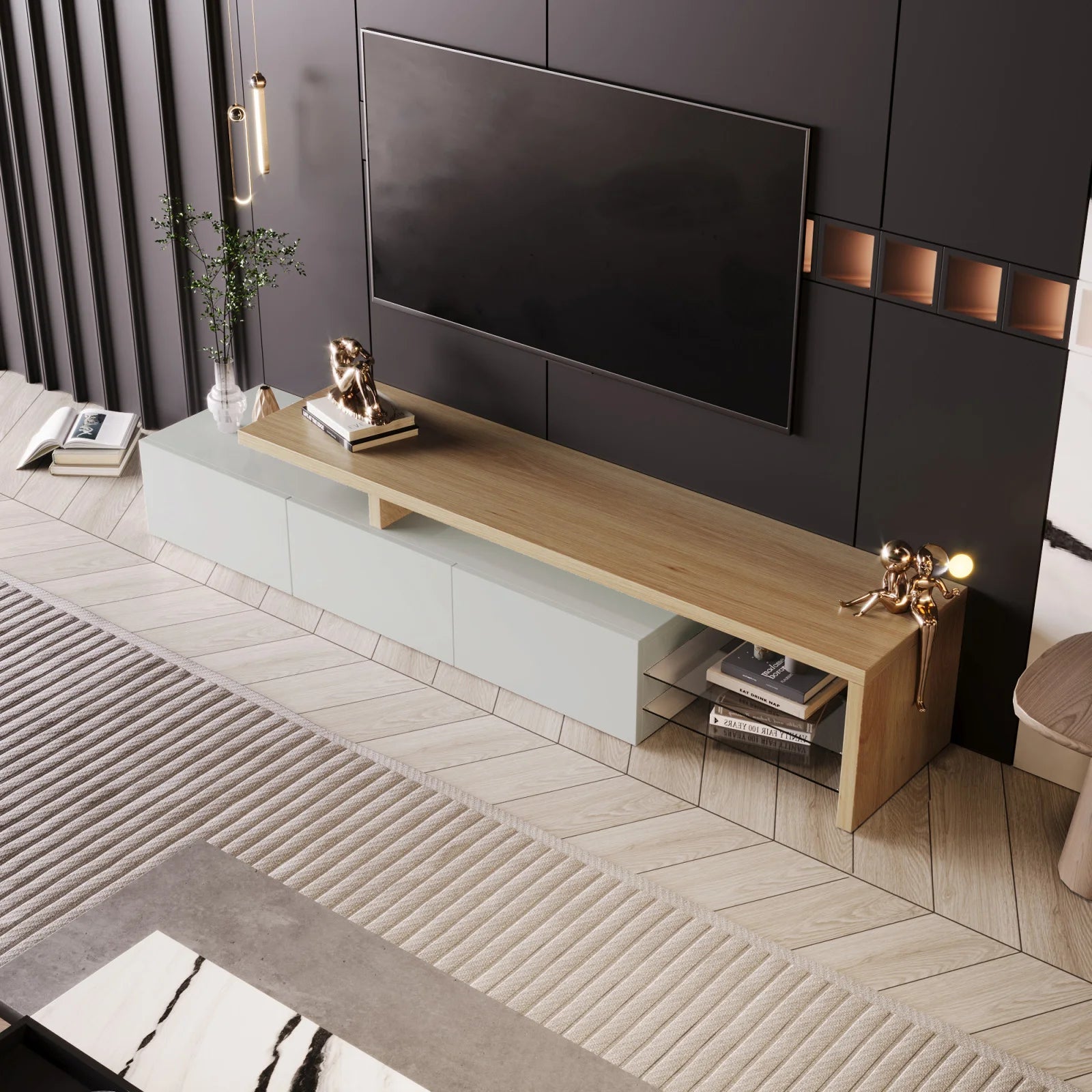 Meuble TV 200 cm Blanc et Bois Clair – Style Scandinave avec Rangements