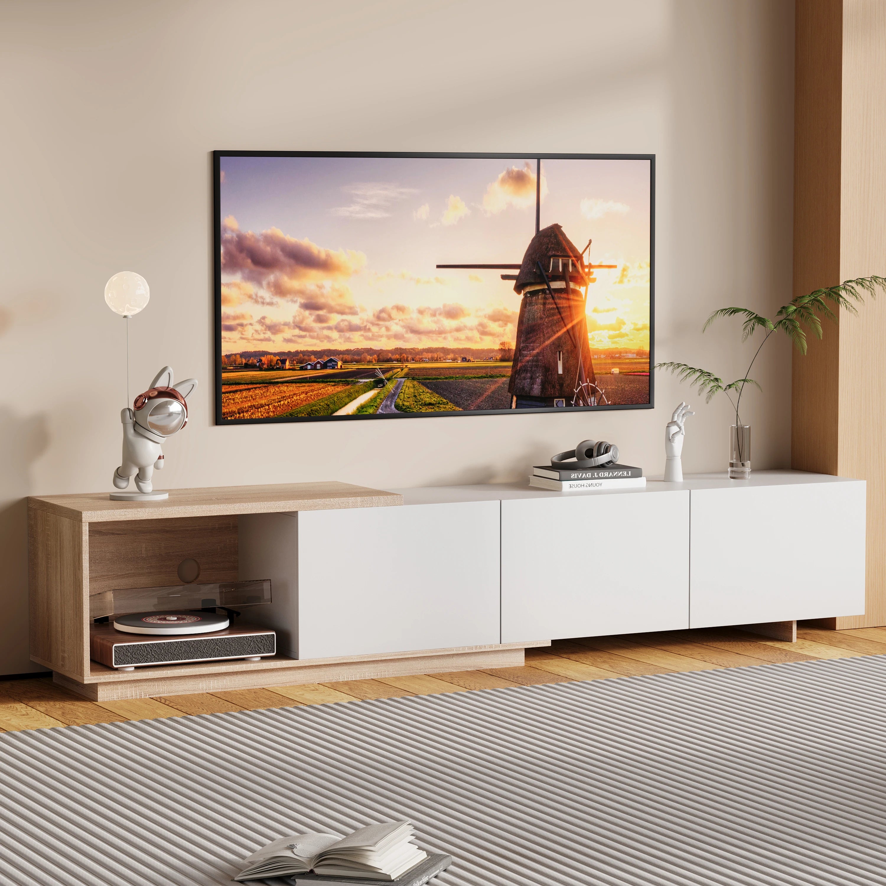 Meuble TV 180 cm Blanc et Bois Clair avec LED – Style Scandinave Moderne