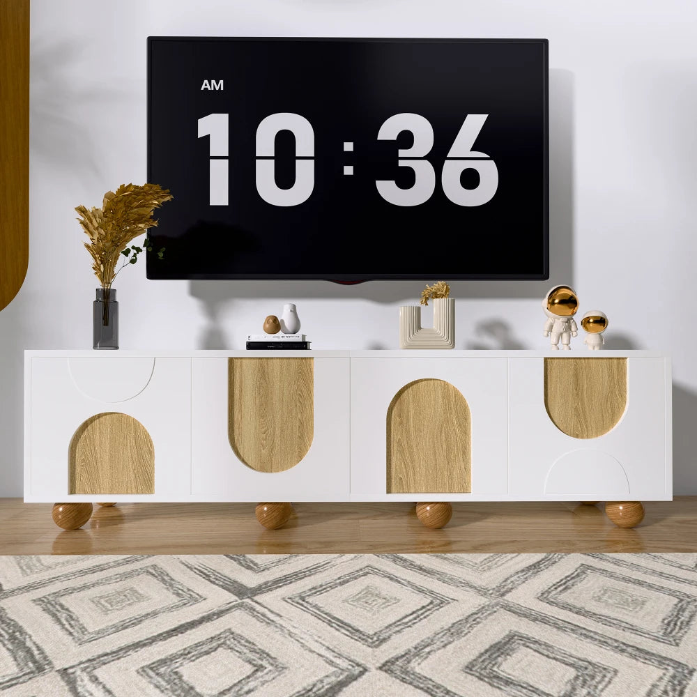 Meuble TV 175 cm Bois Clair & Blanc – Style Scandinave avec Niches – Design Moderne