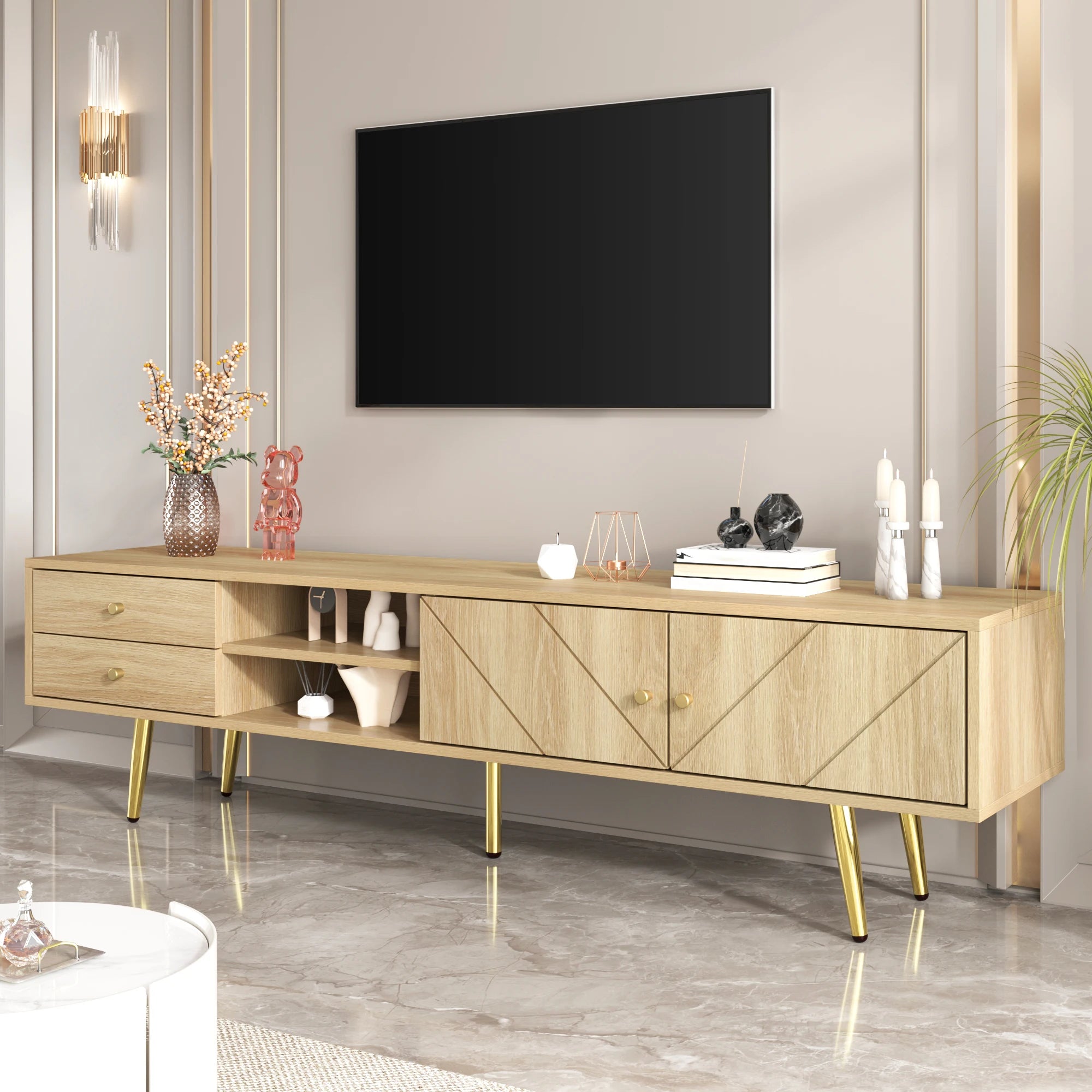 Meuble TV 160 cm Bois Clair – Pieds Métal Doré Style Moderne