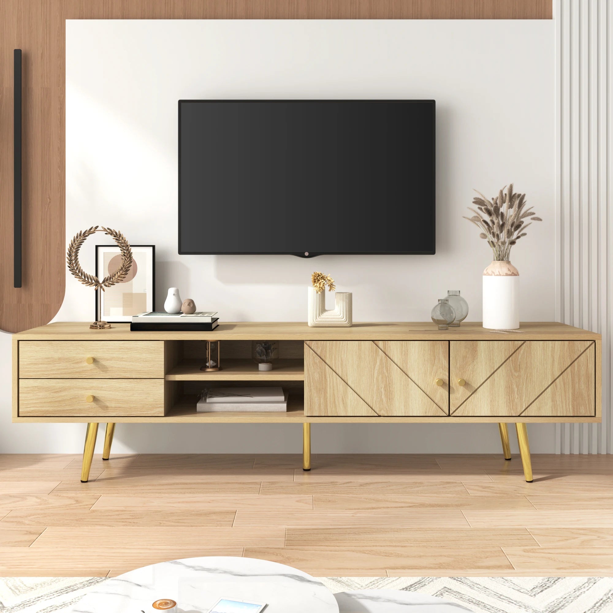 Meuble TV 160 cm Bois Clair – Pieds Métal Doré Style Moderne