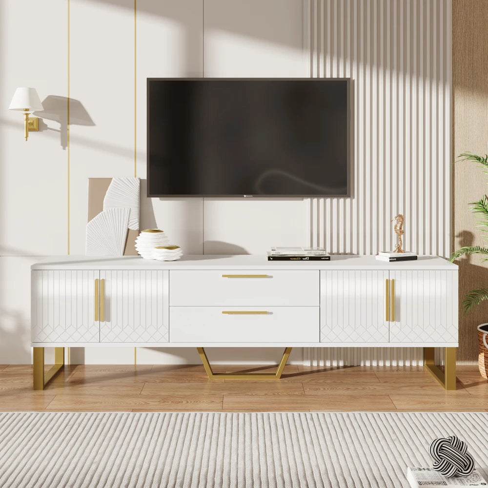 Meuble TV GOLDENIA – 170 cm – Blanc Laqué & Pieds Dorés – Design Élégant