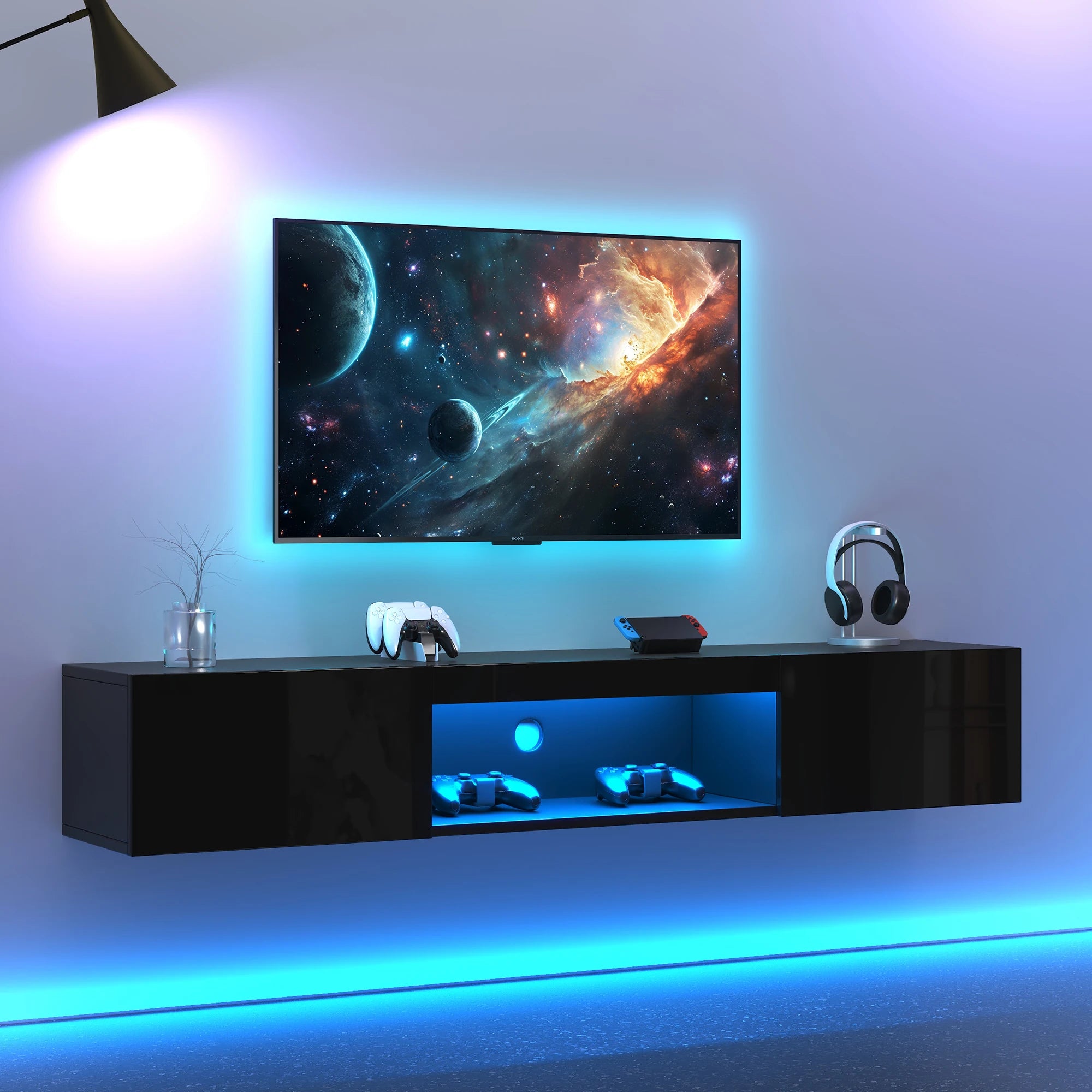 Meuble TV Bas 160 cm – LED Bluetooth – Noir