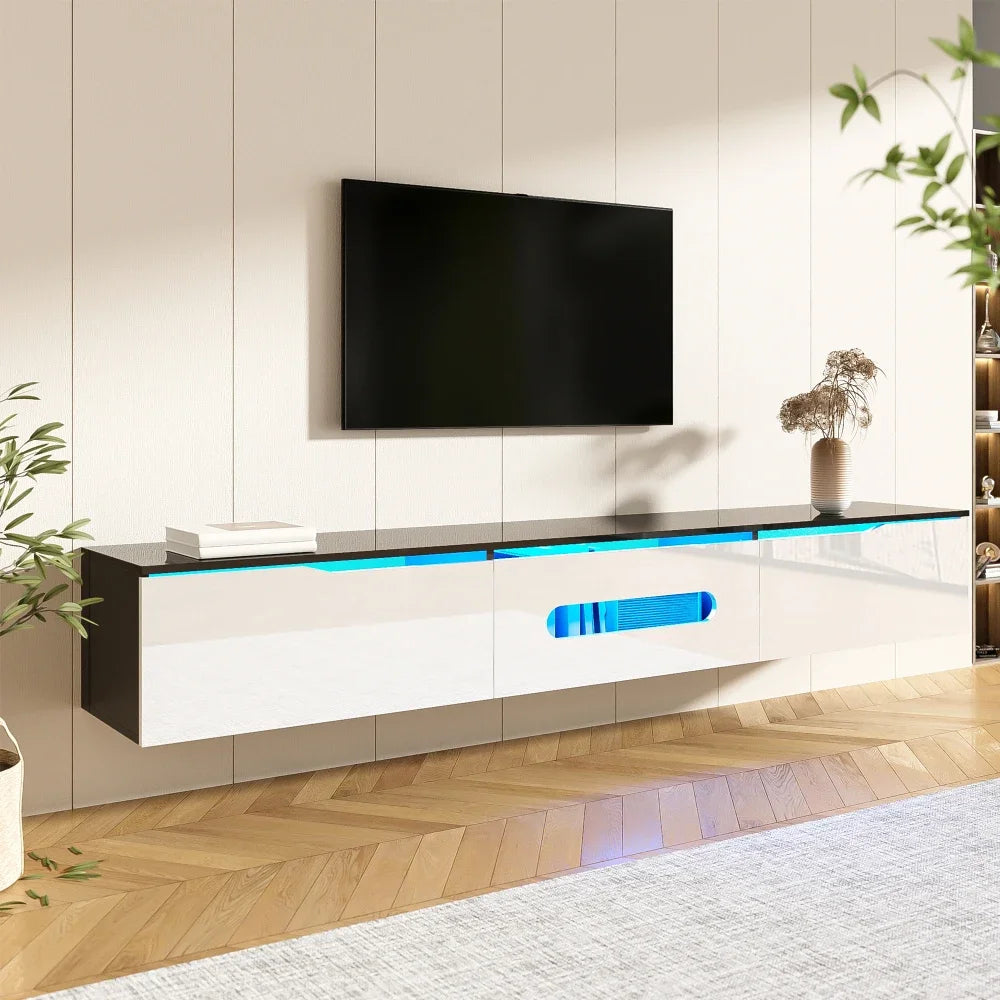 Meuble TV Suspendu 180 cm Blanc avec LED Connectée – Design Moderne – NOVA