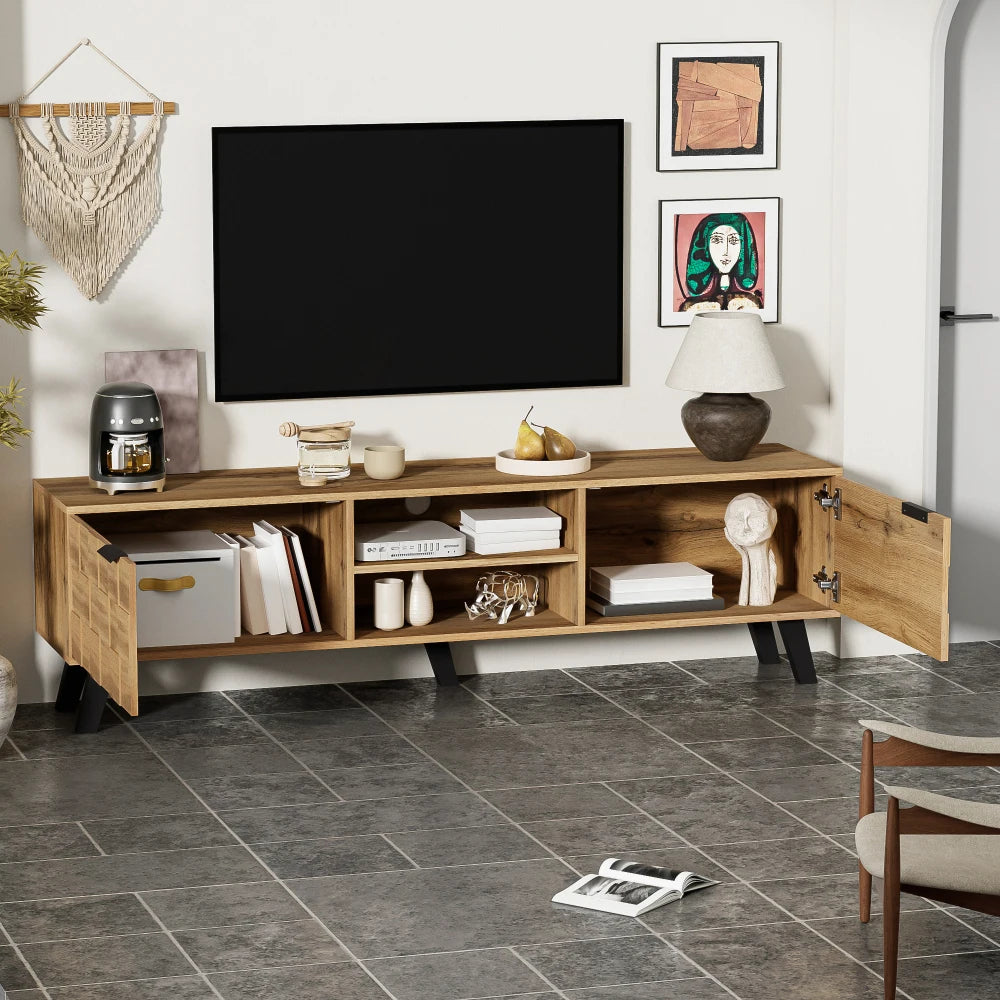 Meuble TV 160 cm sur Pieds – Finition Bois Structuré & Style Industriel
