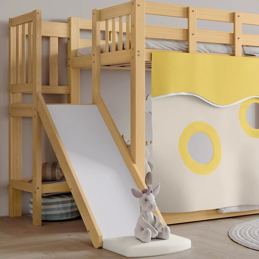 Lit mezzanine enfant avec toboggan « Atlas » – Blanc & bois