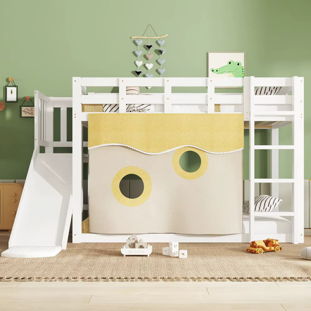 Lit mezzanine enfant avec toboggan « Atlas » – Blanc & bois