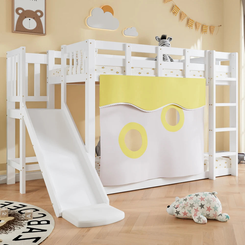 Lit mezzanine enfant avec toboggan « Atlas » – Blanc & bois