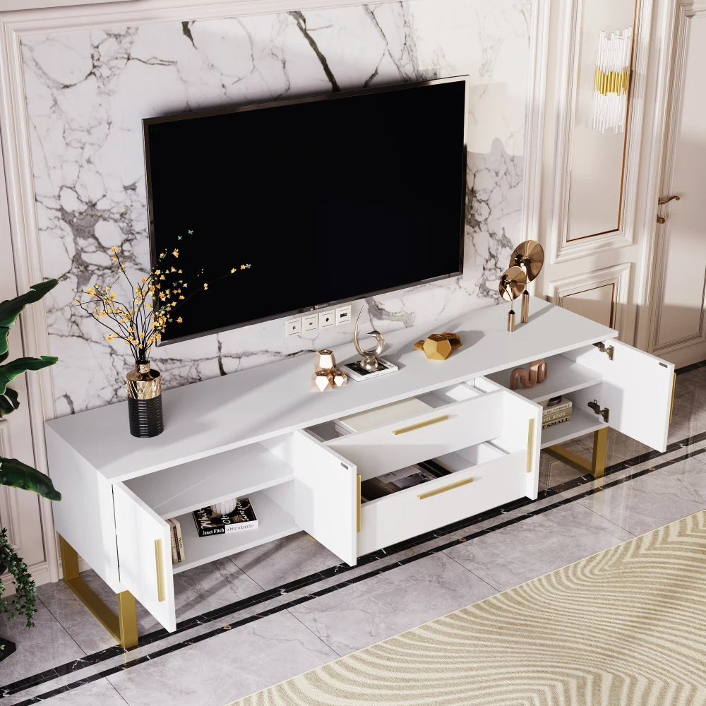 Meuble TV GOLDENIA – 170 cm – Blanc Laqué & Pieds Dorés – Design Élégant